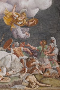 Bitwa, detal, Koń trojański, Komnata Trojańska (Sala di Troia) autorstwa Giulio (and workshop) Romano