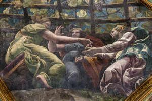Detal sklepienia z młodymi kobietami i winogronami, Komnata Kupidyna i Psyche (Sala di Amore e Psiche) autorstwa Giulio (and workshop) Romano