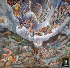 Zeus otoczony przez innych bogów Olimpu rzucający pioruny na Gigantów i niszcząc ich, sklepienie oraz ściany południowe i zachodnie, Komnata Gigantów (Sala dei Giganti )