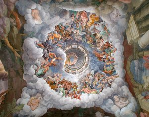 Zeus otoczony przez innych bogów Olimpu rzucający pioruny na Gigantów i niszcząc ich, sklepienie oraz ściany południowe i zachodnie, Komnata Gigantów (Sala dei Giganti )