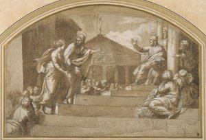 Martha przynosząc Marię Magdalenę do Chrystusa (pióro i atrament na papierze) autorstwa Giulio (attr. to) Romano