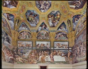 Sala Psyche: widok na ścianę zachodnią, z rustykalnym Bankietem (fresk) autorstwa Giulio (workshop of) Romano
