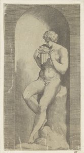 Nagi mężczyzna z fletem patelni w niszy autorstwa Giulio Bonasone (possibly)