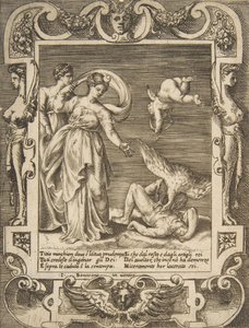 Sęp pożerający wnętrzności Tycjusza, Kupidyn nad dwiema kobietami po lewej, osadzony w..., 1531-76. autorstwa Giulio Bonasone