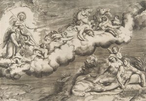 Alegoria wschodzącego słońca, nagi mężczyzna w całunie towarzyszący Ojcu Czasowi..., 1531-76. autorstwa Giulio Bonasone