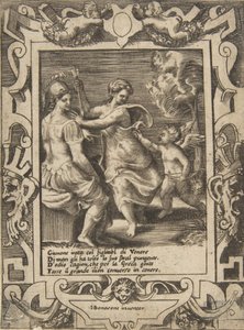 Atena siedząca nieopodal Junony, która zabrała strzały Kupidyna, osadzona w misternej ramie..., 1531-76. autorstwa Giulio Bonasone