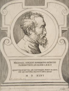 Popiersie Michała Anioła w prawo, osadzone w kartuszu, 1546. autorstwa Giulio Bonasone