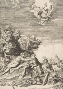 Calypso próbuje zatrzymać Ulissesa jako dziecko przygotowuje swoją zbroję po prawej, a Merkury fa..., 1531-76. autorstwa Giulio Bonasone