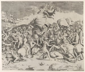 Konstantyn pokonujący tyrana Maksencjusza, nad nim latają aniołowie niosący miecze, 1544., 1544. autorstwa Giulio Bonasone