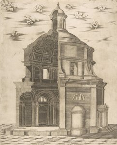 Część zewnętrzna i wewnętrzna świątyni w Rzymie poświęcona Neptunowi, 1541. autorstwa Giulio Bonasone