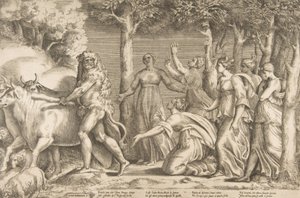 Herkules wypędzający bydło Geryona, po prawej stronie nimfy Hesperyd, ..., 1531-76. autorstwa Giulio Bonasone
