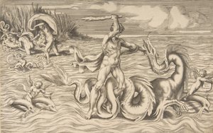 Herkules walczy ze smokiem pośrodku, Acheloos zabiera Deianeirę w lewym górnym rogu, 1531-76. autorstwa Giulio Bonasone