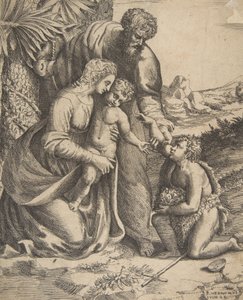 Święta Rodzina z klęczącym po prawej stronie św. Janem Chrzcicielem, 1531-76. autorstwa Giulio Bonasone
