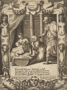 Junona namawiająca Atenę do opieki nad młodym Herkulesem, osadzona w kunsztownej oprawie, z..., 1531-76. autorstwa Giulio Bonasone