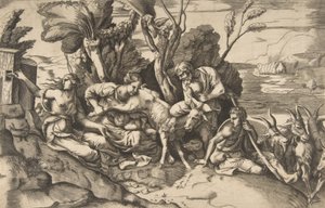 Jowisz karmiony przez kozę Amalteę, 1531-76.. autorstwa Giulio Bonasone