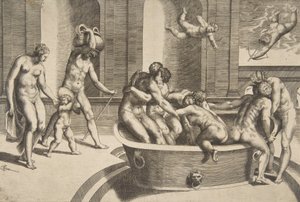 Kąpiący się mężczyźni i kobiety, niektórzy w objęciach, 1531-76.