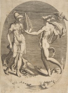 Merkury przedstawia Minerwie stojącą po lewej fajkę, owalną kompozycję, 1531-76. autorstwa Giulio Bonasone