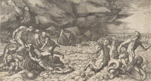 Neptun uspokaja burzę Aeolus podniesioną przeciwko Flocie Eneasza w latach 1531-76. autorstwa Giulio Bonasone