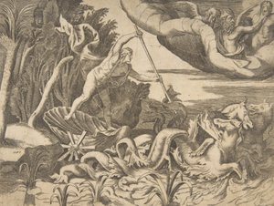 Neptun w swoim rydwanie ciągnięty przez koniki morskie, z „Podziału Wszechświata”, 1..., 1531-76. autorstwa Giulio Bonasone