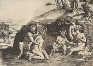 Kąpiel nimf i satyrów, 1531-76. autorstwa Giulio Bonasone