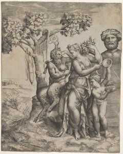 Pan siedzący obok kobiecej postaci trzymającej róg obfitości nimfa lub Pomona, po prawej ..., ca. 1550-60.