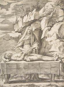Pieta, Chrystus rozłożony na stole w krajobrazie, Dziewica stojąca za ramionami..., 1531-76. autorstwa Giulio Bonasone