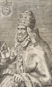 Portret papieża Marcellusa II, prawa ręka uniesiona w lewo, ca. 1555. autorstwa Giulio Bonasone