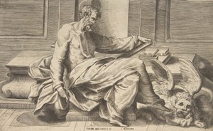 Św. Marek piszący swoją Ewangelię, po prawej skrzydlaty lew, 1531-76. autorstwa Giulio Bonasone
