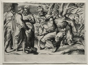 Silenus i król Midas, połowa XVI wieku. autorstwa Giulio Bonasone