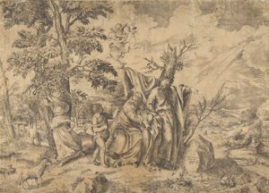 Odpoczynek w ucieczce do Egiptu, Józef po prawej, Dziewica trzyma Dzieciątko Jezus i..., 1531-76. autorstwa Giulio Bonasone