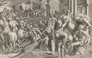 Trojanie ciągną drewnianego konia do Troi, 1545. autorstwa Giulio Bonasone