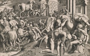 Trojanie ciągnący drewnianego konia do miasta, 1545. autorstwa Giulio Bonasone