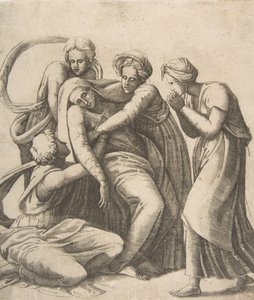Dziewica omdlewa i podtrzymywana w ramionach świętych kobiet, 1531-76. autorstwa Giulio Bonasone