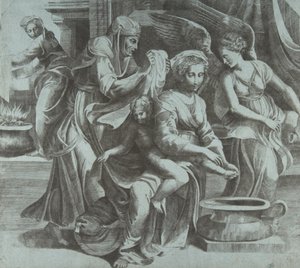 Matka Boska myjąca Dzieciątko Jezus w towarzystwie postaci i anioła po prawej stronie, ...,ok. 1550-60. autorstwa Giulio Bonasone