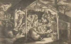 Adoracja pasterzy, różne postacie otaczające Dzieciątko Jezus w cen..., 1531-76. autorstwa Giulio Bonasone