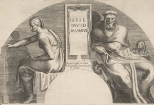 Przodkowie Chrystusa flankujący tablicę z inskrypcją, kompozycja szczytu łukowego, 1531-76. autorstwa Giulio Bonasone