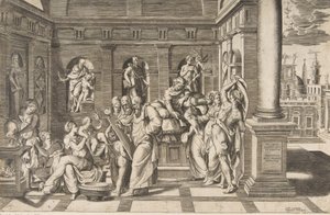 Narodziny św. Jana Chrzciciela w klasycystycznym budynku, ok. 1531-76 autorstwa Giulio Bonasone