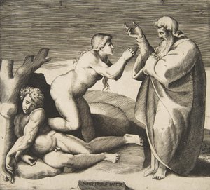 Stworzenie Ewy, która wyłania się zza Adama, ca. 1530-70. autorstwa Giulio Bonasone