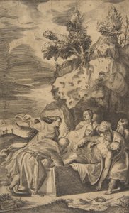 Złożenie do grobu Chrystusa, w lewym tle widoczne krzyże na Kalwarii, 1563 r. autorstwa Giulio Bonasone