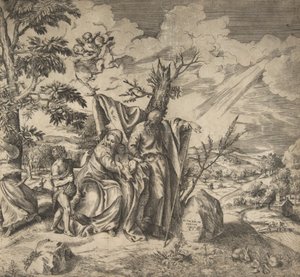 Reszta Świętej Rodziny w ucieczce do Egiptu, 1531-76. autorstwa Giulio Bonasone