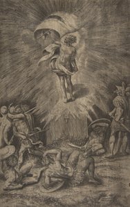 Zmartwychwstanie Chrystusa, trzymającego w prawej ręce sztandar, żołnierze otaczający t..., 1561. autorstwa Giulio Bonasone