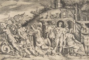 Opowieść o Jazonie i Medei po lewej unosi syna, w środku jest…, 1531-76. autorstwa Giulio Bonasone