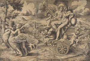 Triumf Kupidyna i Psyche siedzących na rydwanie ciągniętym przez dwa ptaki odpoczywa..., ok. godz. 1550-67. autorstwa Giulio Bonasone