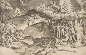 Triumf miłości, amorek na rydwanie ciągniętym przez jednorożca jest w prawym górnym rogu, nagi…, 1545. autorstwa Giulio Bonasone