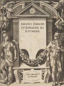 Tabliczka tytułowa do serii „Loves, Rages and Jealousies of Juno”, 1531-76. autorstwa Giulio Bonasone