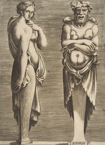 Dwa wyrazy, nimfa po lewej Silvanus po prawej, ca. 1530-50. autorstwa Giulio Bonasone