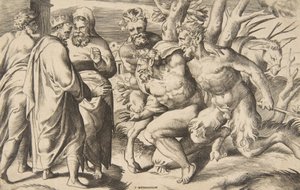 Dwaj satyrowie niosący Silenus King Midas stojący po lewej stronie, 1531-76. autorstwa Giulio Bonasone