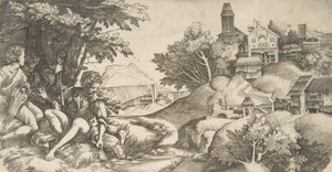 Po lewej czterech pasterzy z instrumentami muzycznymi siedzących pod kępą drzew..., ca. 1517