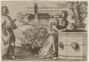 Chrystus i Samarytanka autorstwa Giulio Campagnola
