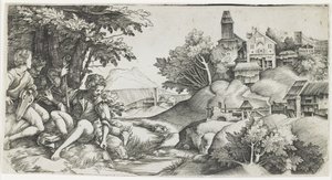 Pasterze w pejzażu, ok. godz. 1517-1518 autorstwa Giulio Campagnola